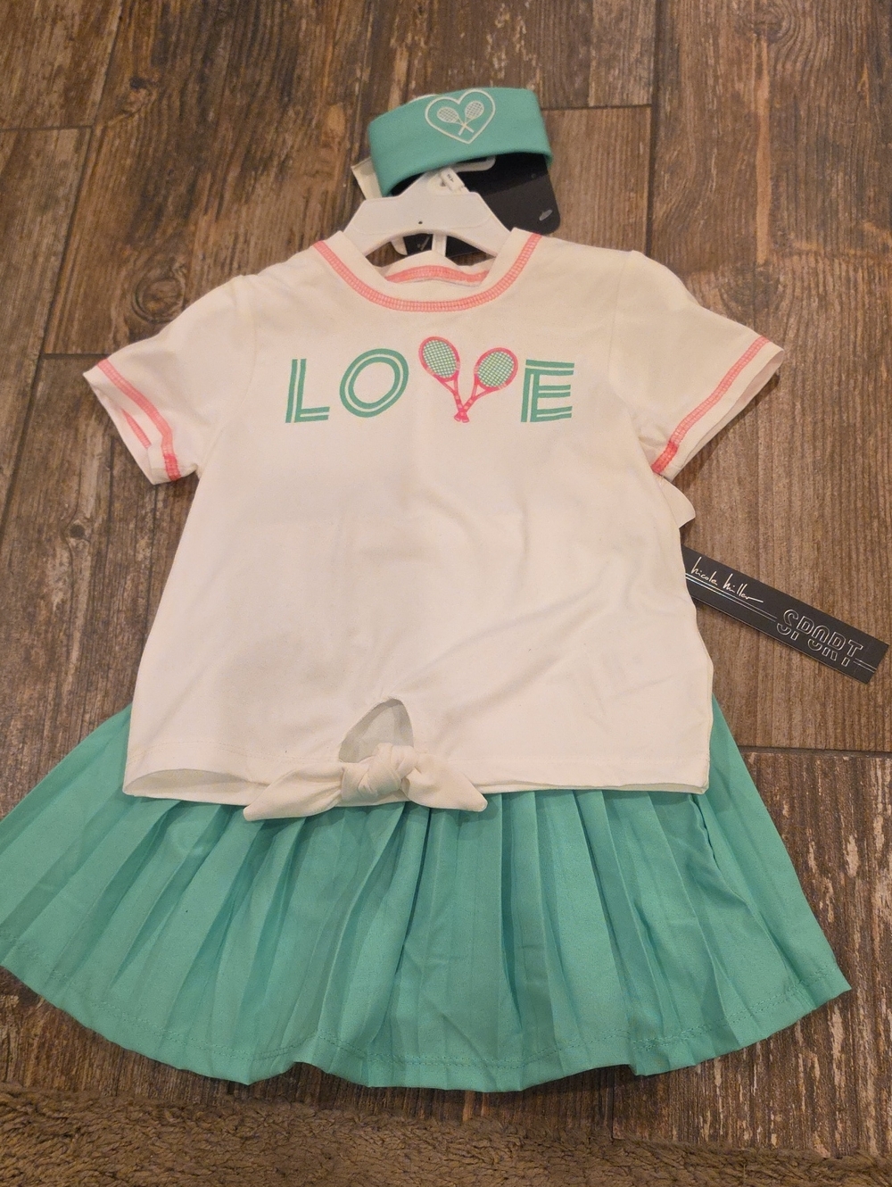 Girls Tennis Love Tee & Pleated Skirt Set - White & Green